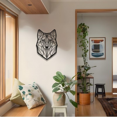 Geometrik Kurt Duvar Sanatı, Siyah Metal Tel Duvar Panosu, Oturma Odası veya Ofis İçin Modern Hayvan Dekoru, Minimalist Kurt Heykeli, Eşsiz Hediye